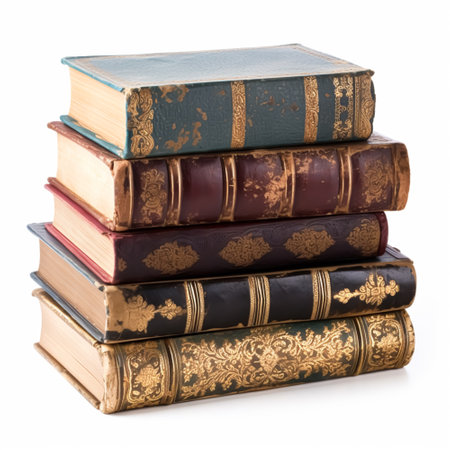 Stack of antique vintage old books isolated on white background, reading in old library and education, post-processed, generative aiの素材