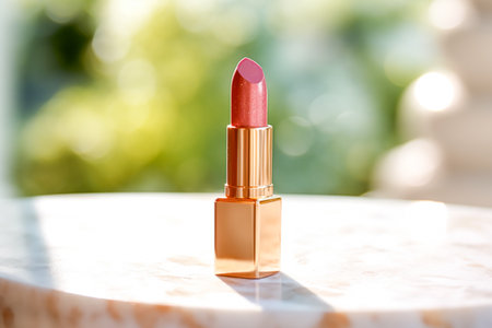 Luxurious pink lipstick in golden tube on marble, beauty cosmetic and luxury make-up product, post-processed, generative aiの素材