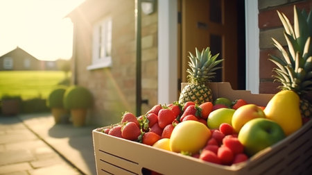 Food delivery, postal service and online grocery shopping, fruit box with fresh organic fruits from a local farm on a house doorstep in the countryside, post-processed, generative aiの素材