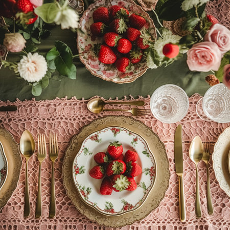 Country tablescape, formal dinner table setting, table scape with strawberry decoration for wedding party and holiday event celebration, post-processed, generative aiの素材