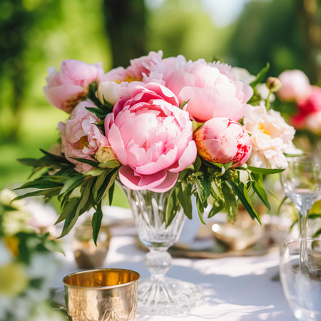 Country life, garden and floral decor, peony flowers bouquet in the countryside, country cottage style, post-processed, generative aiの素材