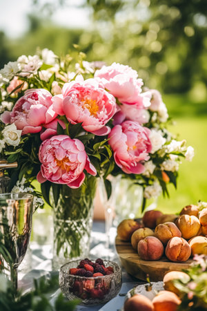 Country life, garden and floral decor, peony flowers bouquet in the countryside, country cottage style, post-processed, generative aiの素材
