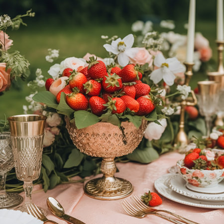 Country tablescape, formal dinner table setting, table scape with strawberry decoration for wedding party and holiday event celebration, post-processed, generative aiの素材