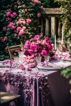 Holiday tablescape, formal dinner table setting, pink peony table scape with peonies decoration for wedding party and event celebration, post-processed, generative aiの素材