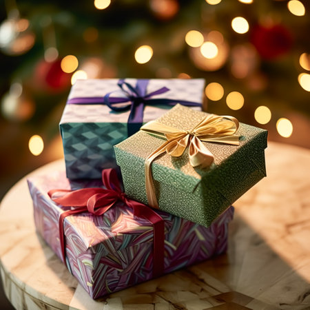 Christmas gifts and presents, country cottage rustic style gift boxes for holiday, boxing day and holidays shopping, post-processed, generative aiの素材