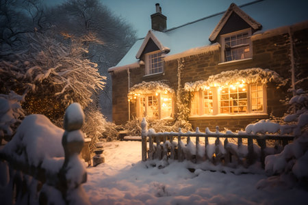Beautiful country cottage decorated for Christmas on a snowy winter evening, holiday and celebration idea, post-processed, generative aiの素材