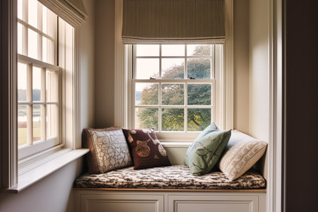 Window seat, interior design and comfort at home, reading nook with cushions and decor in a country house, English cottage style, post-processed, generative aiの素材