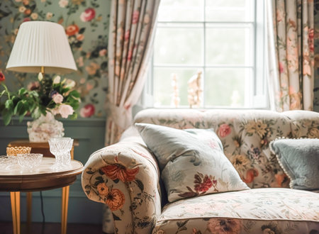 Cottage sitting room decor, interior design and house improvement, living room furniture, sofa and home decor in English country house style, post-processed, generative aiの素材