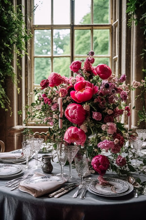 Holiday tablescape, formal dinner table setting, pink peony table scape with peonies decoration for wedding party and event celebration, post-processed, generative aiの素材