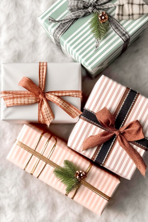 Holiday gifts and presents, country cottage rustic style gift boxes for Christmas, boxing day and holidays shopping flatlay, post-processed, generative aiの素材