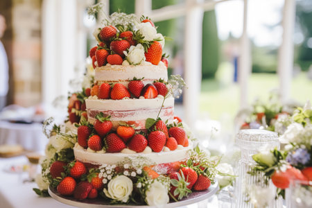 Strawberry cake for wedding, birthday and party celebration, holiday dessert event food catering, country cottage style, post-processed, generative aiの素材