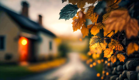 Abstract autumn scene and English country style house village on background, beautiful countryside nature with autumnal leaves and bokeh, post-processed, generative aiの素材