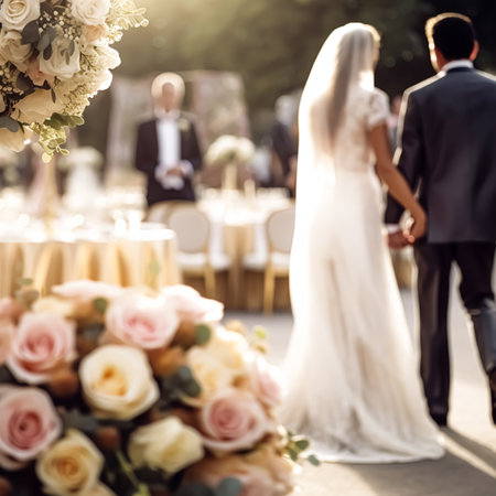 Wedding ceremony and celebration, bride and groom at a beautiful outdoor venue on a sunny day, luxury wedding decor with flowers and bridal bouquet, post-processed, generative aiの素材