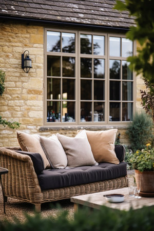 Cottage outdoor furniture and countryside house patio and terrace decor, garden lounge in country style, post-processed, generative aiの素材