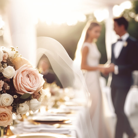 Wedding ceremony and celebration, bride and groom at a beautiful outdoor venue on a sunny day, luxury wedding decor with flowers and bridal bouquet, post-processed, generative aiの素材