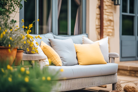 Cottage outdoor furniture and countryside house patio and terrace decor, garden lounge in country style, post-processed, generative aiの素材