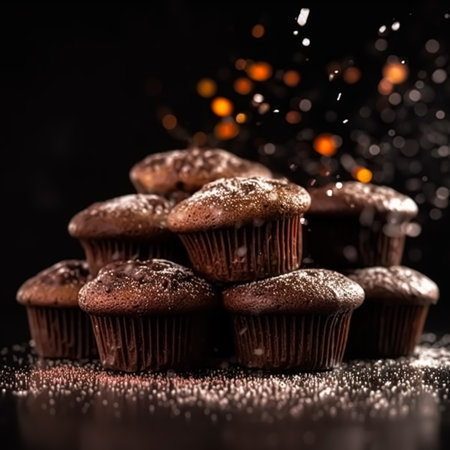 Chocolate cakes, muffins or cupcakes, baked in a bakery holiday sweet food recipe idea, post-processed, generative aiの素材