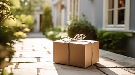 Elegant gift shop delivery, postal service and luxury online shopping, parcel box with a bow on a house doorstep in the countryside, post-processed, generative aiの素材