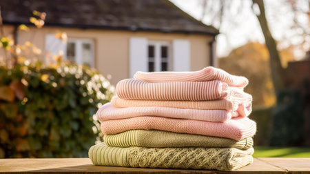 Laundry, housekeeping and homemaking, stack of clean and folded knitted clothes in the country house garden, post-processed, generative aiの素材
