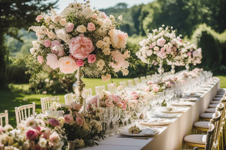 Country wedding, garden and floral decor, beautiful luxurious pink flowers decoration in country style, post-processed, generative aiの素材