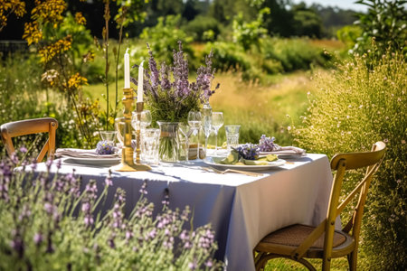 Wedding tablescape, elegant formal dinner table setting, table scape with lavender decoration for holiday party event celebration, post-processed, generative aiの素材