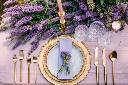 Wedding tablescape, elegant formal dinner table setting, table scape with lavender decoration for holiday party event celebration, post-processed, generative aiの素材