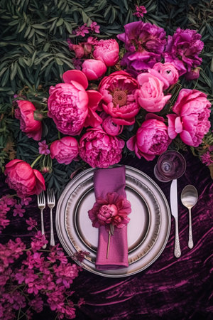 Holiday tablescape, formal dinner table setting, pink peony table scape with peonies decoration for wedding party and event celebration, post-processed, generative aiの素材