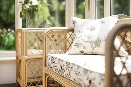 Conservatory room decor, cottage interior design and house improvement, garden furniture with sofa and home decor, English country house style, post-processed, generative aiの素材