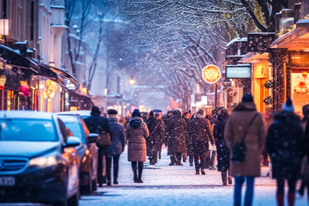 Crowdy street during Christmas shopping, snowing winter in the city idea, post-processed, generative aiの素材
