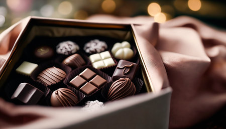 Chocolates and chocolate pralines in a gift box as a luxury holiday present, post-processed, generative aiの素材
