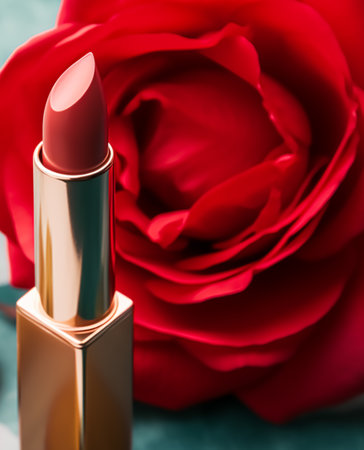Red lipstick in a golden tube and blooming rose flower, beauty cosmetic and make-up product, post-processed, generative aiの素材