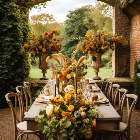 Autumn table scape, autumnal dinner table setting, holiday tablescape for wedding, birthday or party event celebration, post-processed, generative aiの素材