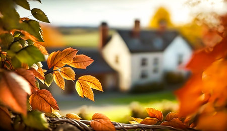 Abstract autumn scene and English country style house village on background, beautiful countryside nature with autumnal leaves and bokeh, post-processed, generative aiの素材