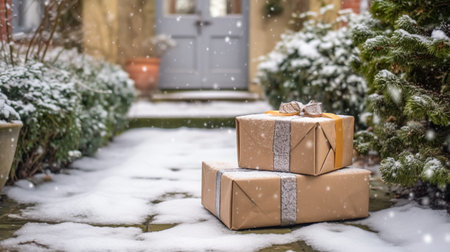 Christmas gifts delivery, postal service and holiday presents online shopping, wrapped parcel boxes on a country house doorstep in a snowing winter, post-processed, generative aiの素材