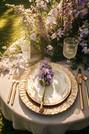 Wedding tablescape, elegant formal dinner table setting, table scape with lavender decoration for holiday party event celebration, post-processed, generative aiの素材