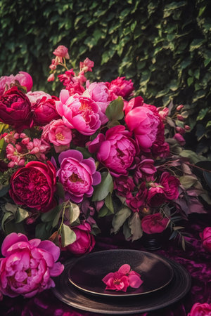 Holiday tablescape, formal dinner table setting, pink peony table scape with peonies decoration for wedding party and event celebration, post-processed, generative aiの素材