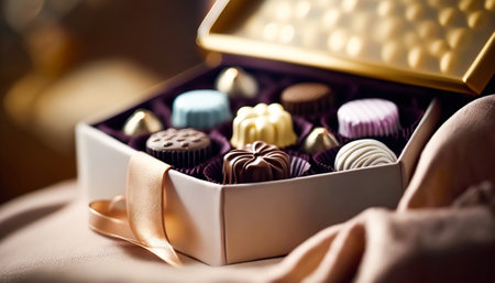 Chocolates and chocolate pralines in a gift box as a luxury holiday present, post-processed, generative aiの素材