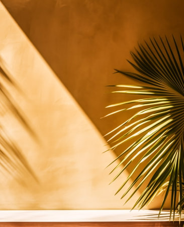 Tropical background for a product placement, palm tree leaves and sunlight shadows on the wall, minimalistic botanical backdrop, palms on a hot sunny day, post-processed, generative aiの素材