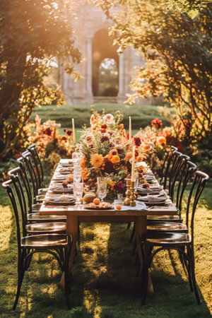 Autumn table scape, autumnal dinner table setting, holiday tablescape for wedding, birthday or party event celebration, post-processed, generative aiの素材
