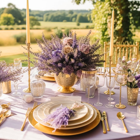 Wedding tablescape, elegant formal dinner table setting, table scape with lavender decoration for holiday party event celebration, post-processed, generative aiの素材