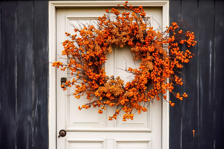 Autumn wreath decoration on a classic door entrance, welcoming autumn holiday season with autumnal decorations, post-processed, generative aiの素材