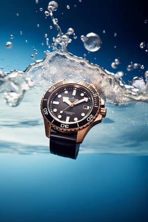 Waterproof luxury mens watch underwater in the ocean or sea commercial concept, bespoke water resistant design, post-processed, generative aiの素材