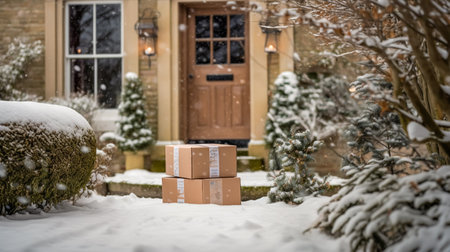 Christmas gifts delivery, postal service and holiday presents online shopping, wrapped parcel boxes on a country house doorstep in a snowing winter, post-processed, generative aiの素材