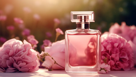 Luxurious floral scent, fragrance bottle and pink flowers, perfume commercial in flower garden, bespoke perfumery and beauty product sale, post-processed, generative aiの素材