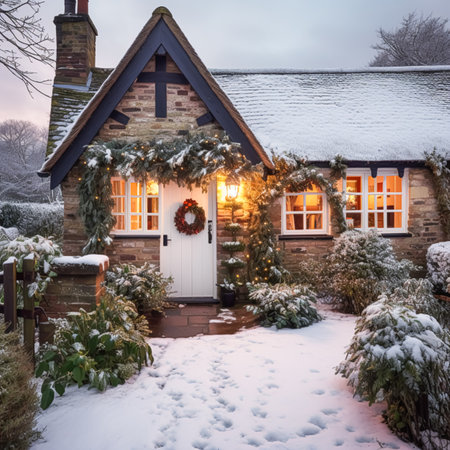 Beautiful country cottage decorated for Christmas on a snowy winter day, holiday and celebration, post-processed, generative aiの素材