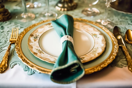 Elegant dinner table setting arrangement in English country style as flatlay tablescape, folded napkin on a serving plate, tableware and holiday table decor, post-processed, generative aiの素材