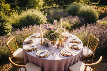 Wedding tablescape, elegant formal dinner table setting, table scape with lavender decoration for holiday party event celebration, post-processed, generative aiの素材