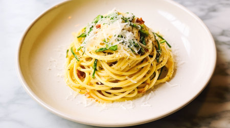 Pasta with greens and parmesan cheese on marble table, homemade easy meal recipe for lunch or dinner, post-processed, generative aiの素材