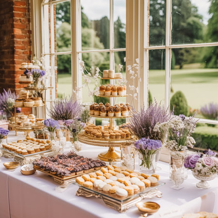 Dessert buffet table, food catering for wedding, party holiday celebration, lavender decor, cakes and desserts in a country garden, post-processed, generative aiの素材