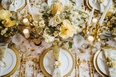 Holiday tablescape, golden formal dinner table setting, table scape with gold decoration for wedding party and event celebration, post-processed, generative aiの素材